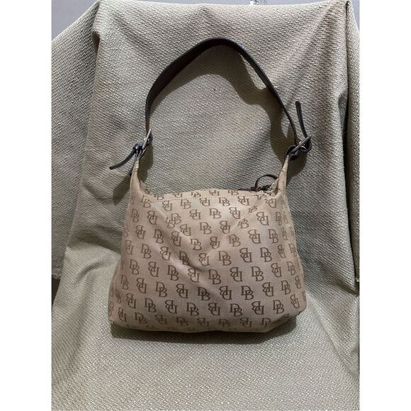 Vintage Dooney & Bourke Hobo Shoulder Bag Leather Strap Brown Cloth Logo Handbag - Picture 1 of 16